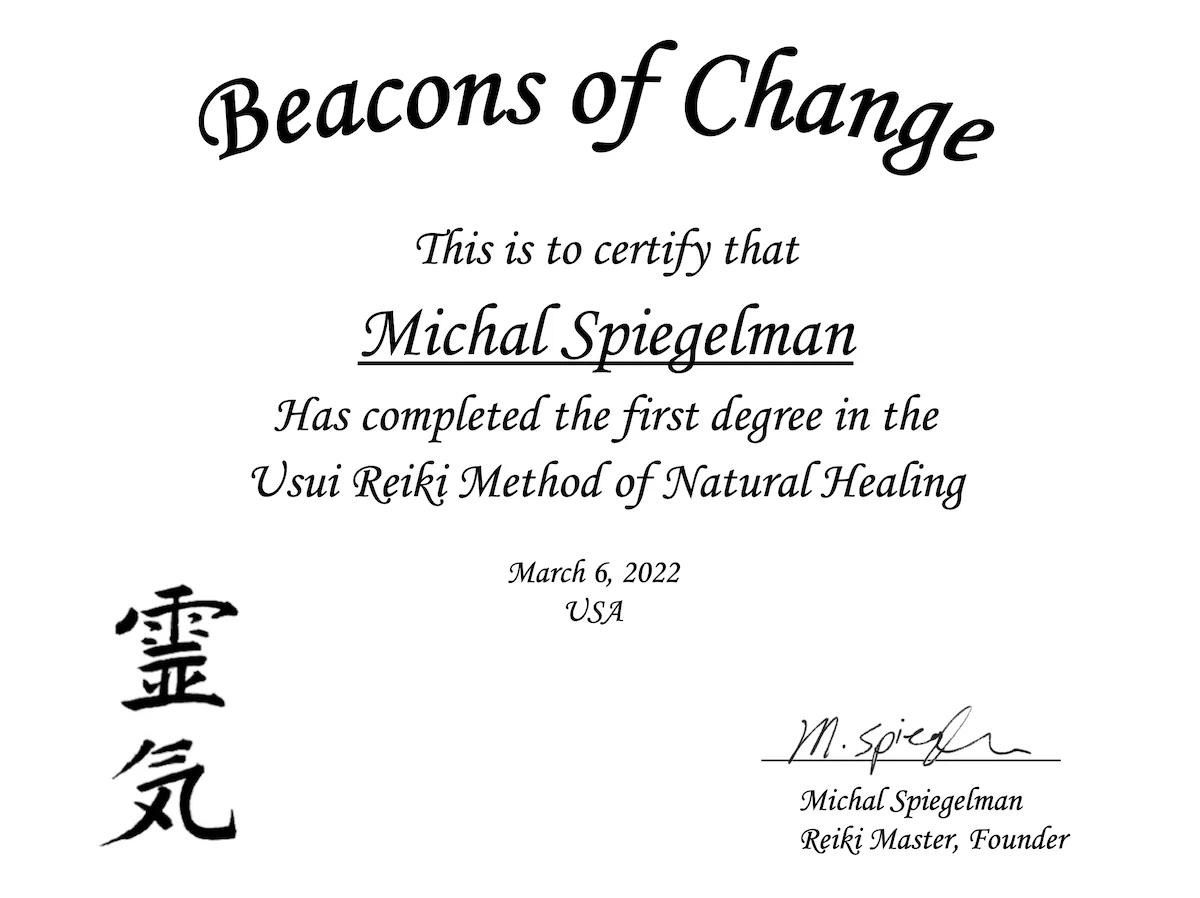 Example of your Reiki Level 1 certificate from Beacons of Change