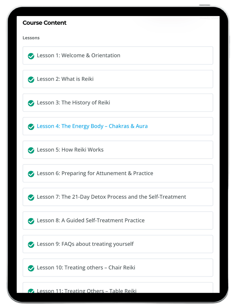 Tablet showing the Reiki 1 course dashboard with lesson list