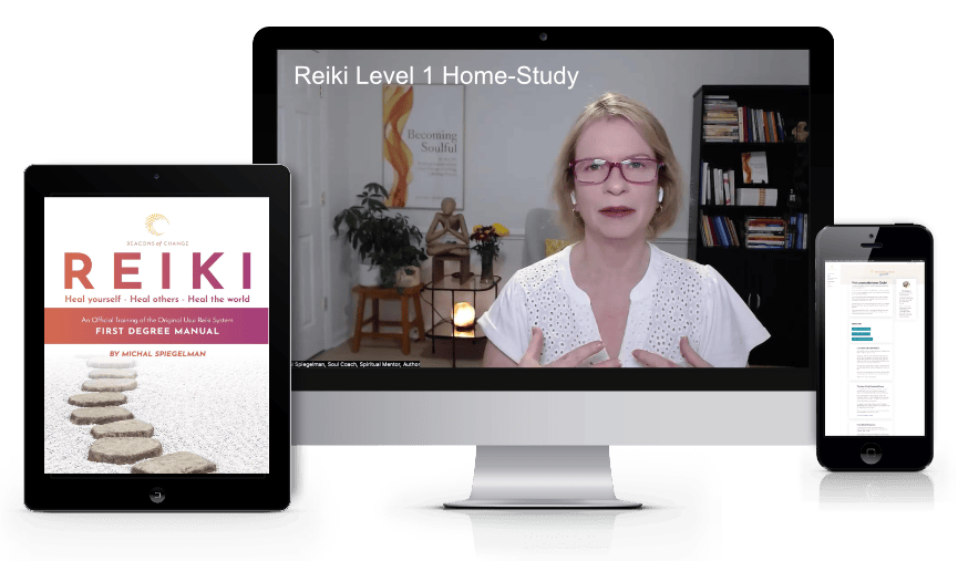 Reiki Level 1 Home-Study course materials shown on tablet, computer, and phone